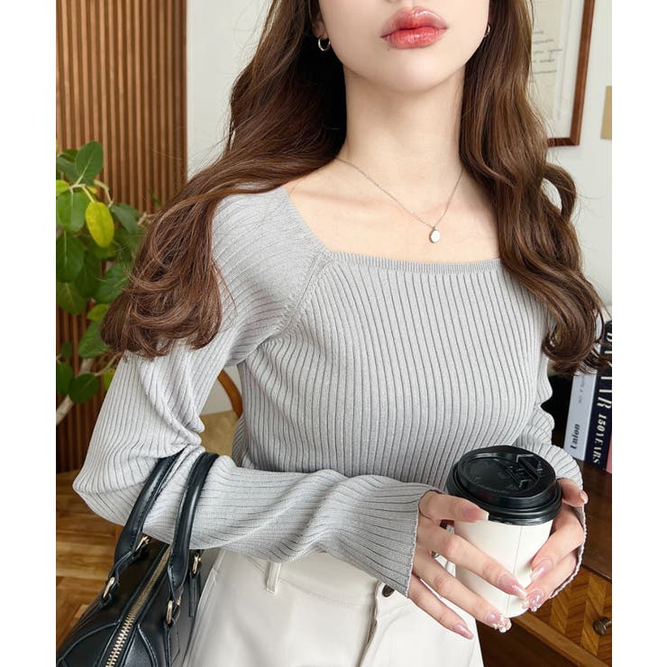 グレー | スクエアネックSSリブニットプルオーバー | moment+