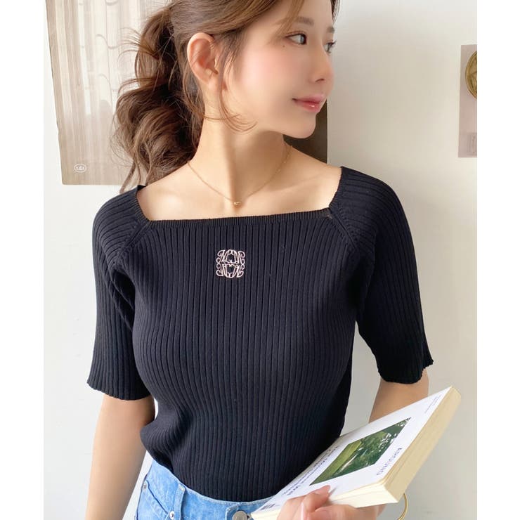 スクエアネックワンポイント刺繍SS半袖リブニットプルオーバー | moment+ | 詳細画像13 