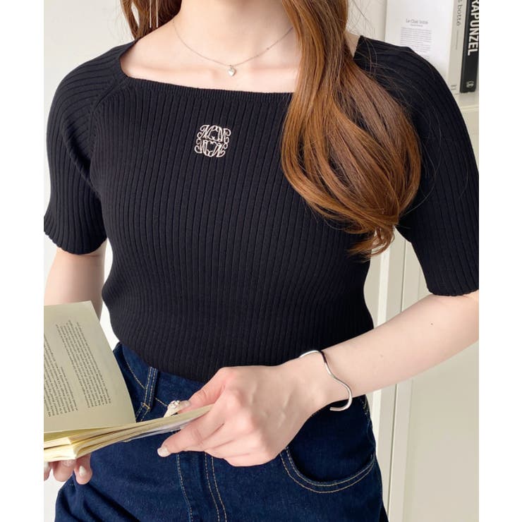 スクエアネックワンポイント刺繍SS半袖リブニットプルオーバー | moment+ | 詳細画像16 