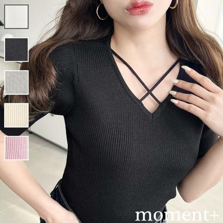 クロスストラップSS半袖リブニットプルオーバー | moment+ | 詳細画像1 