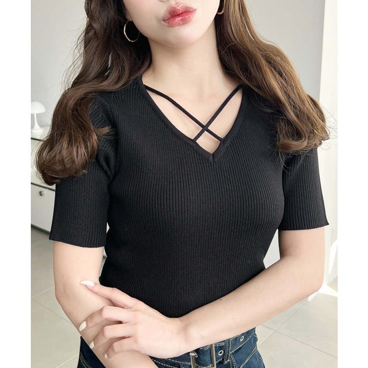 クロスストラップSS半袖リブニットプルオーバー | moment+ | 詳細画像10 