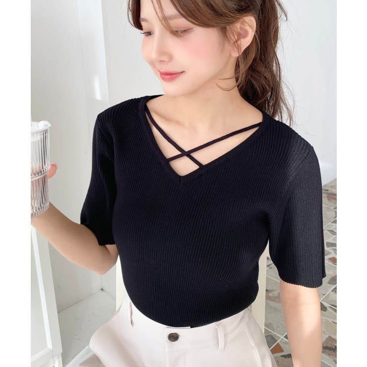 クロスストラップSS半袖リブニットプルオーバー | moment+ | 詳細画像14 