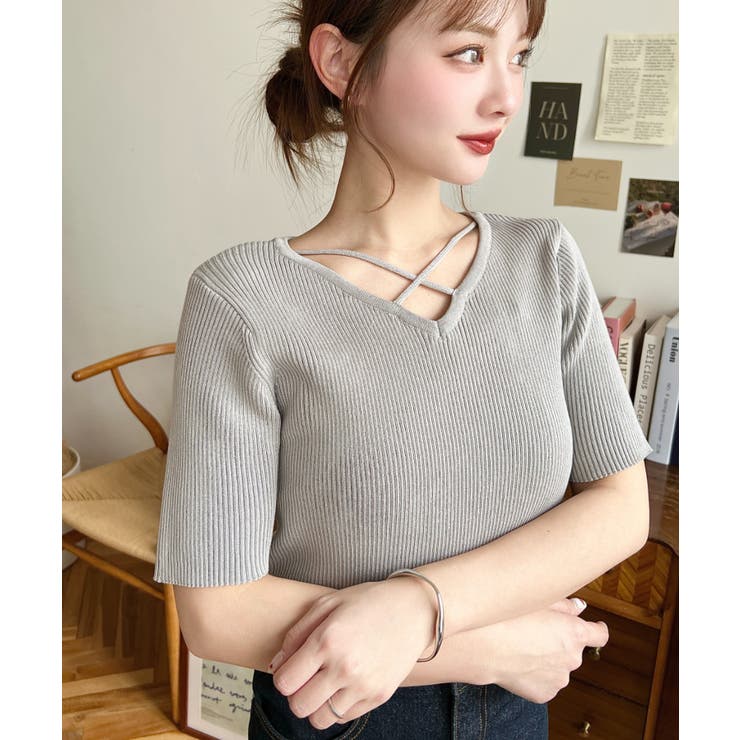 クロスストラップSS半袖リブニットプルオーバー | moment+ | 詳細画像15 