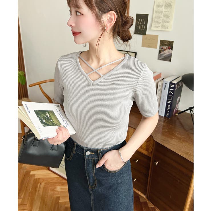 クロスストラップSS半袖リブニットプルオーバー | moment+ | 詳細画像17 