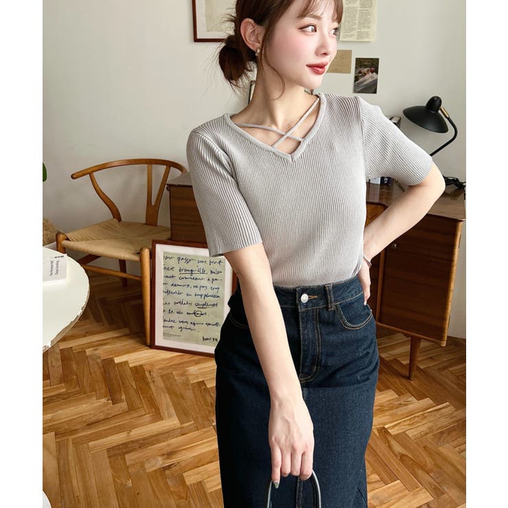 クロスストラップSS半袖リブニットプルオーバー | moment+ | 詳細画像18 