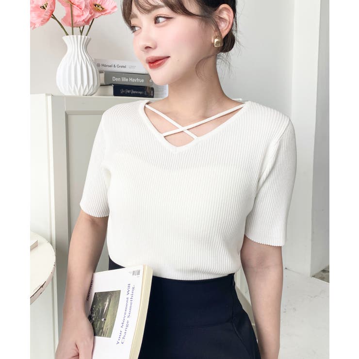 クロスストラップSS半袖リブニットプルオーバー | moment+ | 詳細画像2 