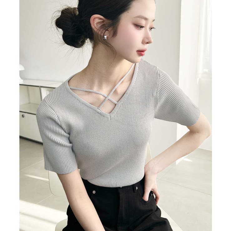 クロスストラップSS半袖リブニットプルオーバー | moment+ | 詳細画像20 