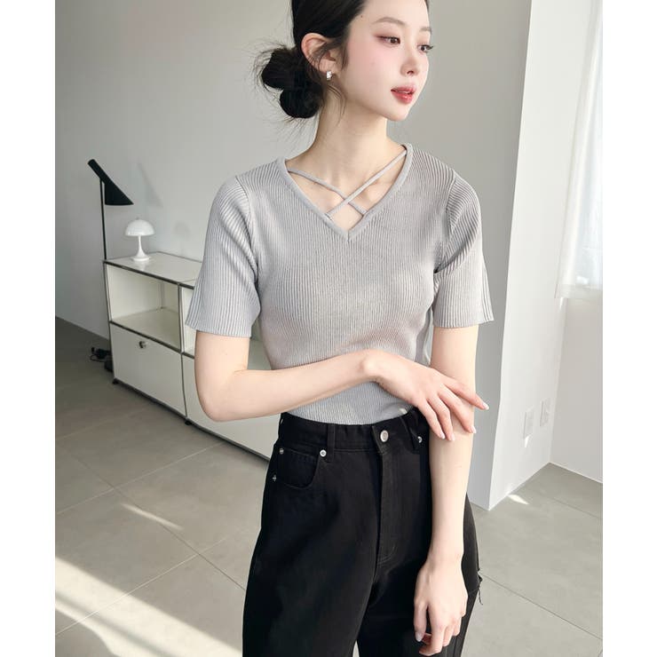 クロスストラップSS半袖リブニットプルオーバー | moment+ | 詳細画像21 