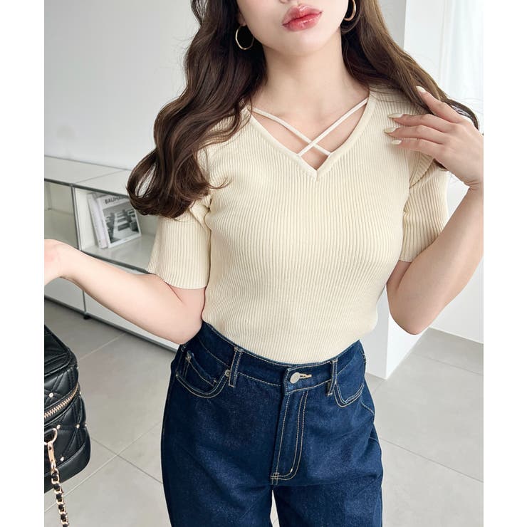 クロスストラップSS半袖リブニットプルオーバー | moment+ | 詳細画像23 