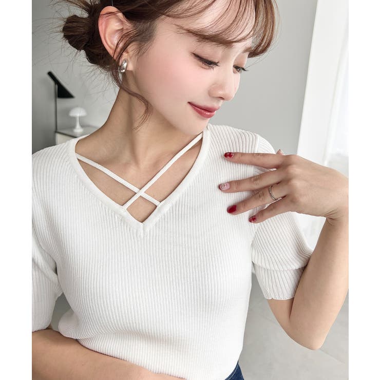 クロスストラップSS半袖リブニットプルオーバー | moment+ | 詳細画像3 