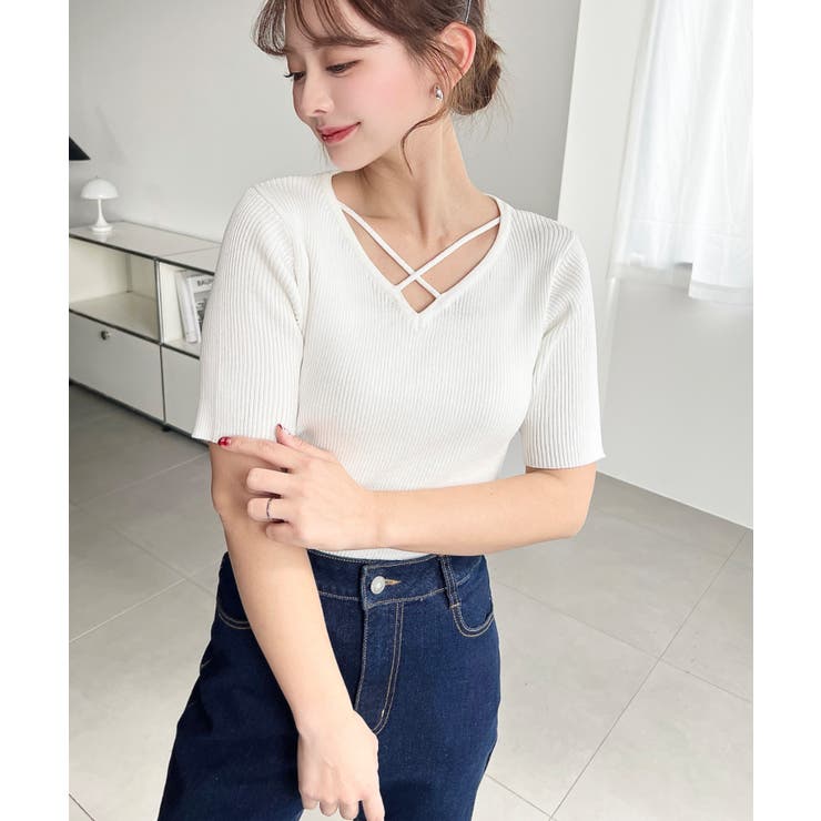 クロスストラップSS半袖リブニットプルオーバー | moment+ | 詳細画像5 