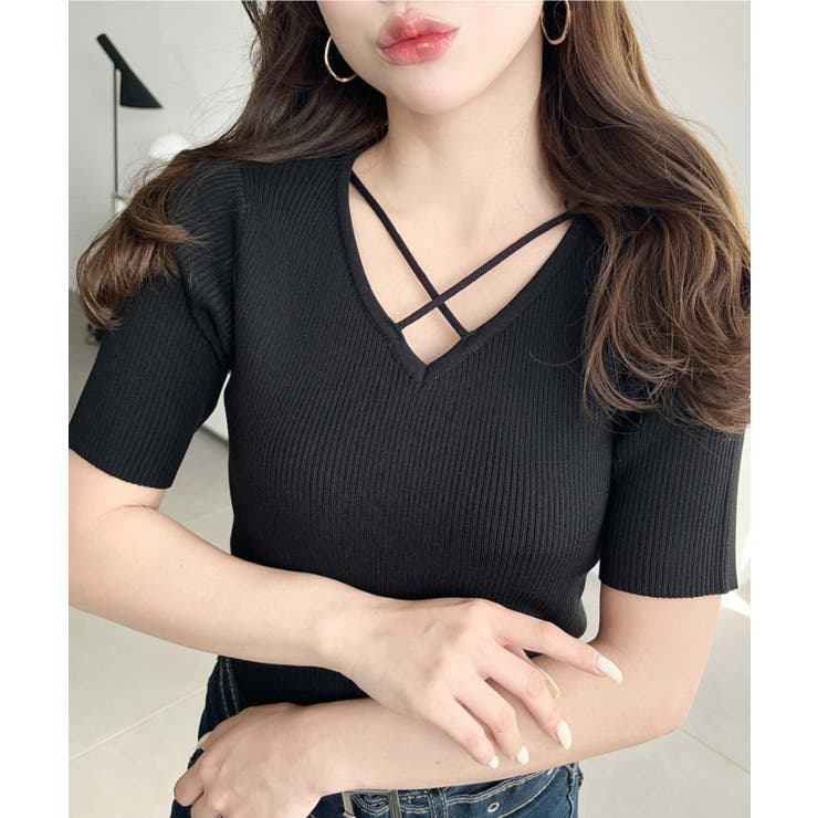 クロスストラップSS半袖リブニットプルオーバー | moment+ | 詳細画像7 