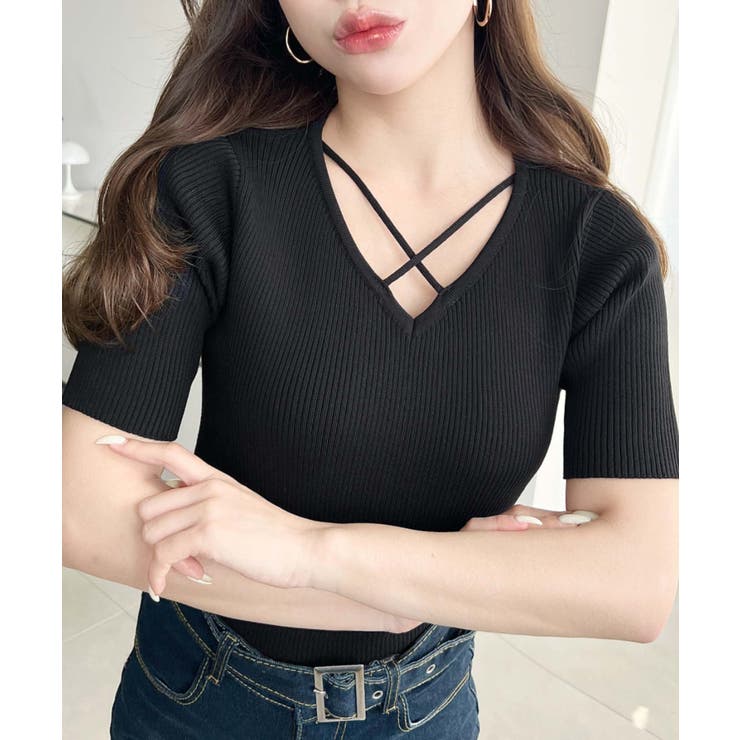 クロスストラップSS半袖リブニットプルオーバー | moment+ | 詳細画像9 