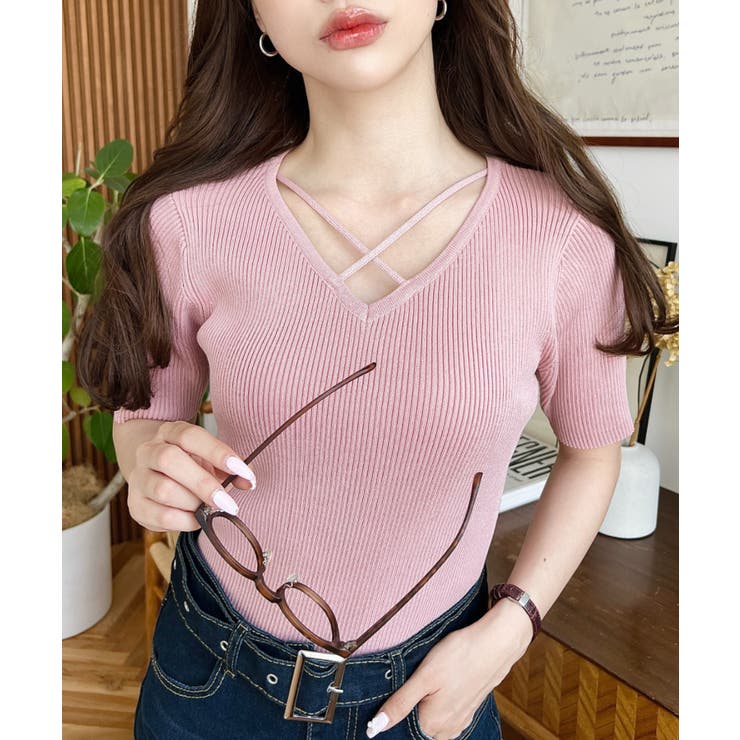 ピンク | クロスストラップSS半袖リブニットプルオーバー | moment+