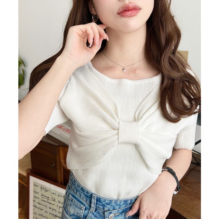 リボンレイヤード風SS半袖リブニットプルオーバー | moment+ | 詳細画像1 