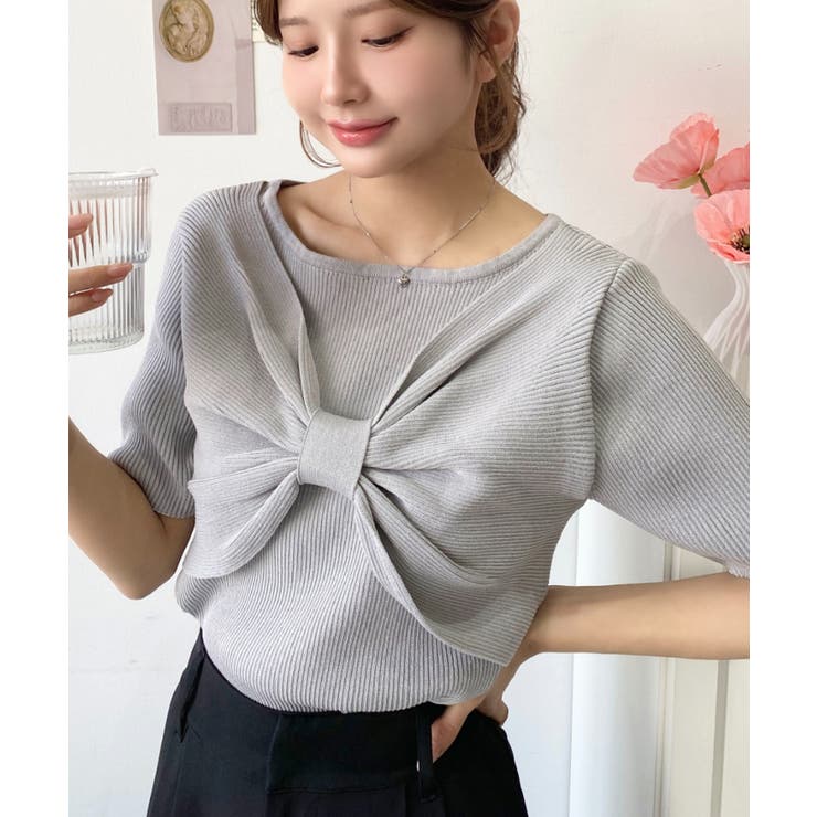 リボンレイヤード風SS半袖リブニットプルオーバー | moment+ | 詳細画像11 