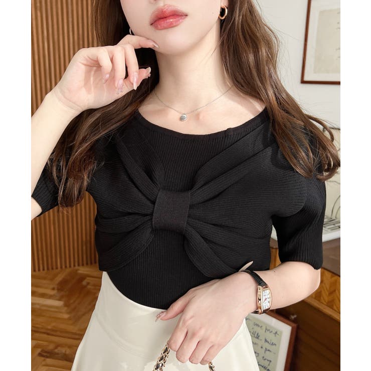 リボンレイヤード風SS半袖リブニットプルオーバー | moment+ | 詳細画像13 