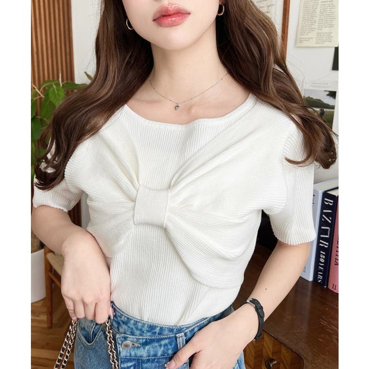 リボンレイヤード風SS半袖リブニットプルオーバー | moment+ | 詳細画像3 