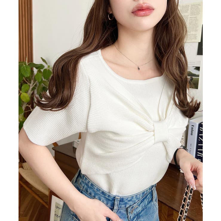 リボンレイヤード風SS半袖リブニットプルオーバー | moment+ | 詳細画像4 