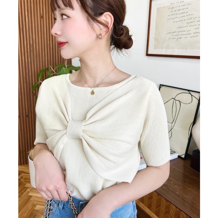 リボンレイヤード風SS半袖リブニットプルオーバー | moment+ | 詳細画像5 