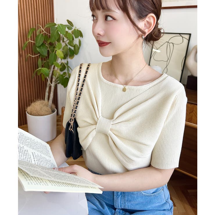 リボンレイヤード風SS半袖リブニットプルオーバー | moment+ | 詳細画像8 