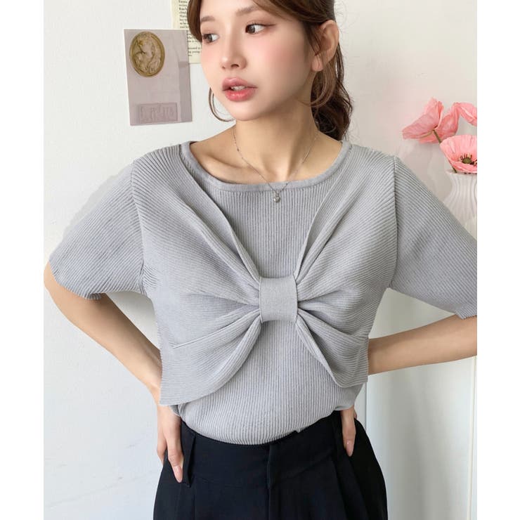 リボンレイヤード風SS半袖リブニットプルオーバー | moment+ | 詳細画像9 