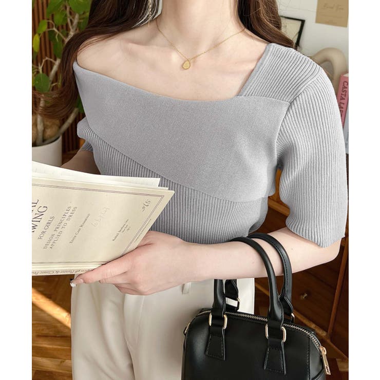 アシンメトリーオフショルダーSS半袖リブニットプルオーバー | moment+ | 詳細画像1 