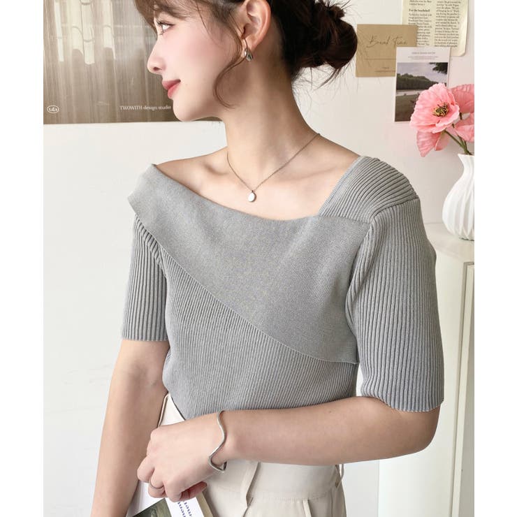 アシンメトリーオフショルダーSS半袖リブニットプルオーバー | moment+ | 詳細画像10 