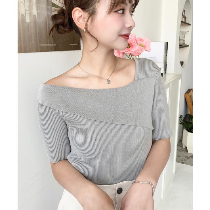 アシンメトリーオフショルダーSS半袖リブニットプルオーバー | moment+ | 詳細画像11 