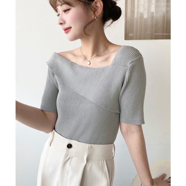 アシンメトリーオフショルダーSS半袖リブニットプルオーバー | moment+ | 詳細画像12 