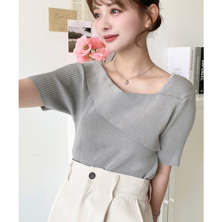 アシンメトリーオフショルダーSS半袖リブニットプルオーバー | moment+ | 詳細画像14 