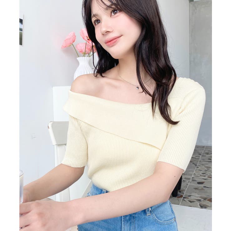 アシンメトリーオフショルダーSS半袖リブニットプルオーバー | moment+ | 詳細画像4 