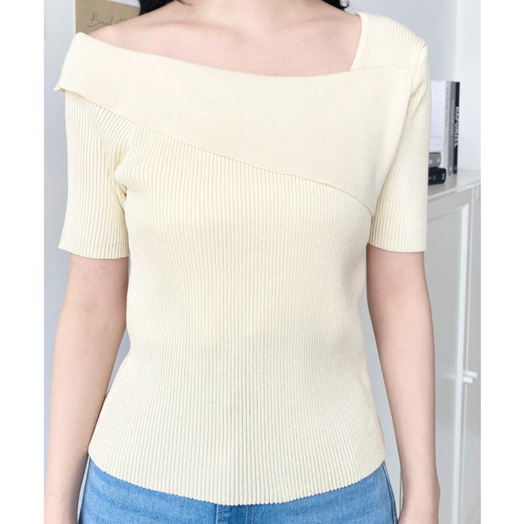 アシンメトリーオフショルダーSS半袖リブニットプルオーバー | moment+ | 詳細画像5 