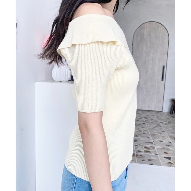 アシンメトリーオフショルダーSS半袖リブニットプルオーバー | moment+ | 詳細画像9 