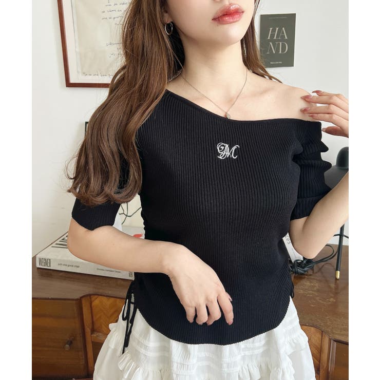 ワンショルドロストワンポイント刺繍SS半袖リブニットプルオーバー | moment+ | 詳細画像1 