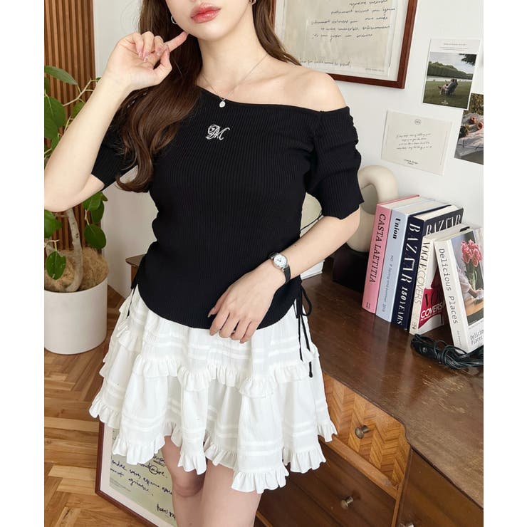 ワンショルドロストワンポイント刺繍SS半袖リブニットプルオーバー | moment+ | 詳細画像10 