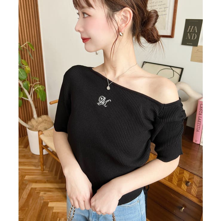 ワンショルドロストワンポイント刺繍SS半袖リブニットプルオーバー | moment+ | 詳細画像12 