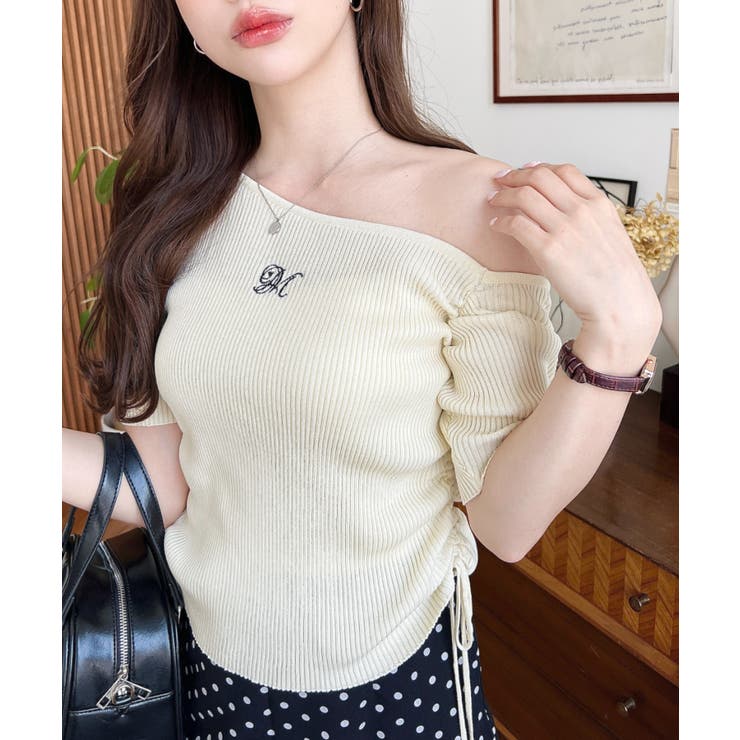 ワンショルドロストワンポイント刺繍SS半袖リブニットプルオーバー | moment+ | 詳細画像15 