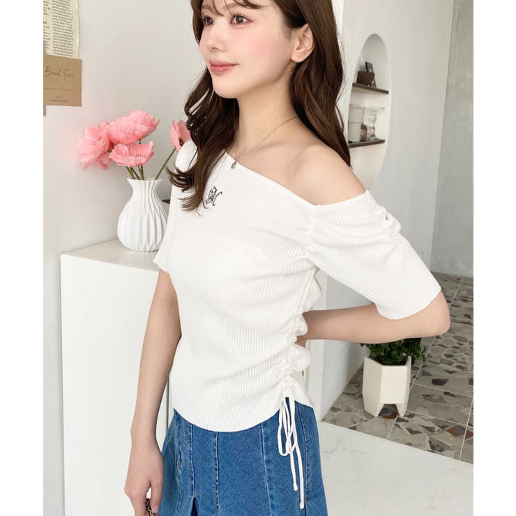 ワンショルドロストワンポイント刺繍SS半袖リブニットプルオーバー | moment+ | 詳細画像2 