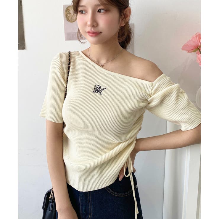 ワンショルドロストワンポイント刺繍SS半袖リブニットプルオーバー | moment+ | 詳細画像20 