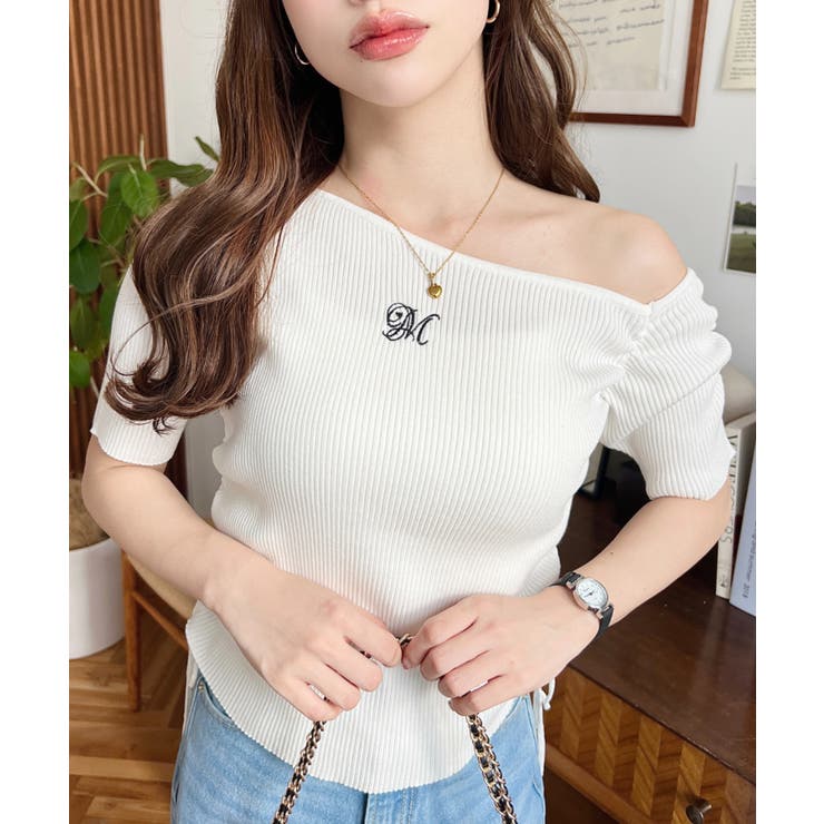 ワンショルドロストワンポイント刺繍SS半袖リブニットプルオーバー | moment+ | 詳細画像3 