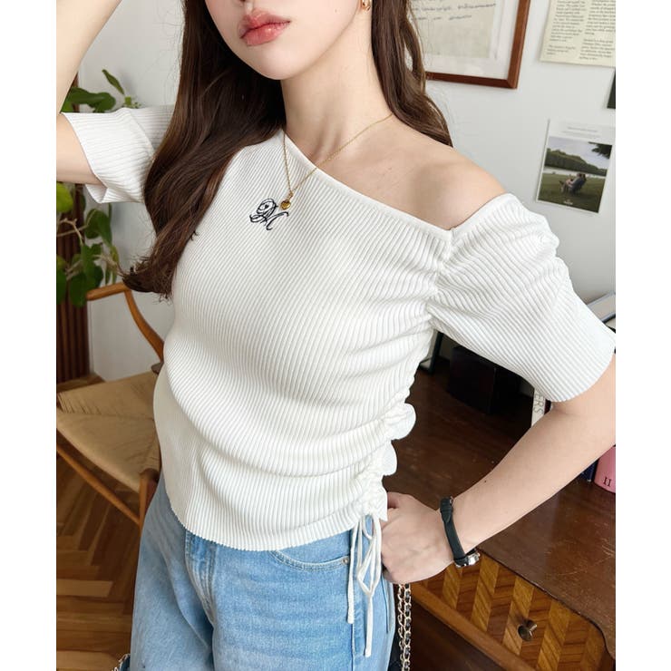 ワンショルドロストワンポイント刺繍SS半袖リブニットプルオーバー | moment+ | 詳細画像4 