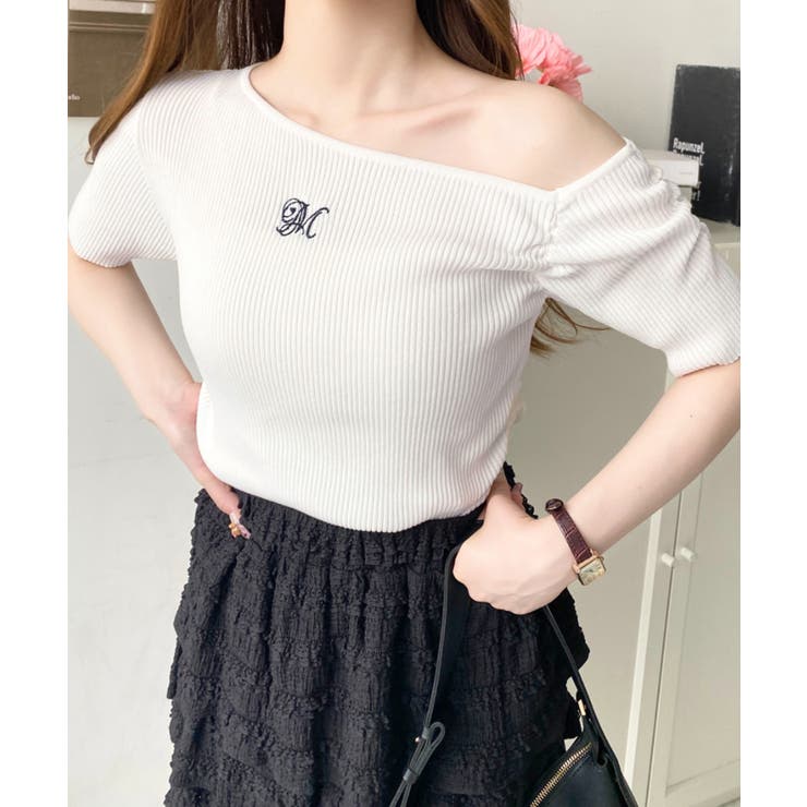 ワンショルドロストワンポイント刺繍SS半袖リブニットプルオーバー | moment+ | 詳細画像5 