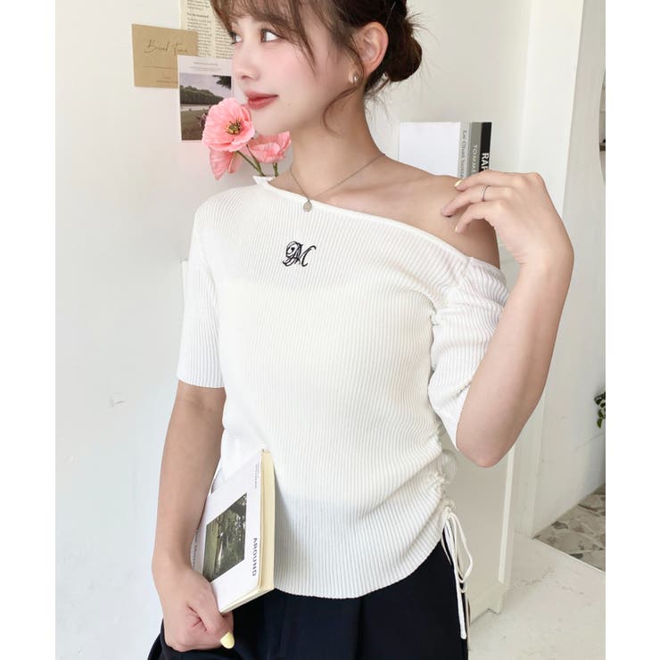 ワンショルドロストワンポイント刺繍SS半袖リブニットプルオーバー | moment+ | 詳細画像7 