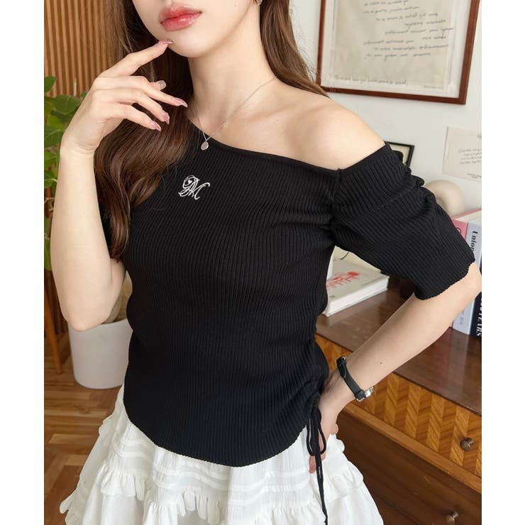 ワンショルドロストワンポイント刺繍SS半袖リブニットプルオーバー | moment+ | 詳細画像9 