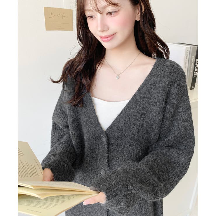 チャコールグレー | VネックルーズMIXニットカーディガン | moment+