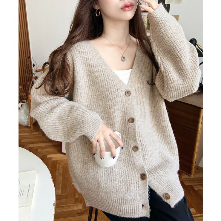 ブラウン | VネックルーズMIXニットカーディガン | moment+