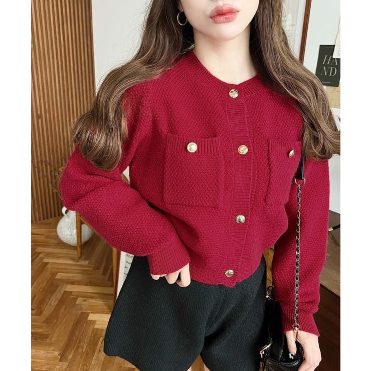 レッド | Wポケット金ボタンニットカーディガン | moment+