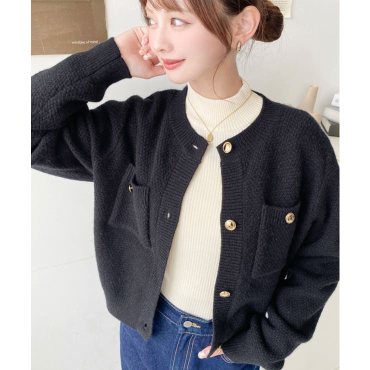 タグ付 バンヤードストーム ニット カーディガン ジャケット 金ボタン 黒 緑F ウール混・金ボタン8分袖カーデジャケット/40代50代からの