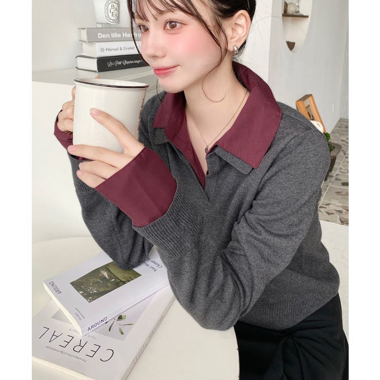 シャツレイヤードライク襟付きポロニットプルオーバー | moment+ | 詳細画像8 